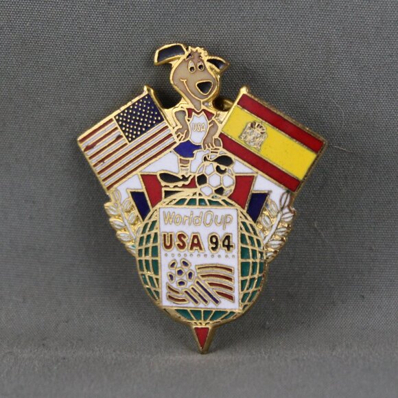 1994 Soccer World Cup Pin - Team Spain Dual Flag by Peter David - Metal Pin - Picture 1 of 3
